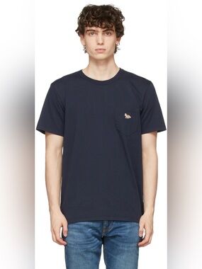 Maison Kitsuné Tricolor Fox Patch Classic Pocket T-shirt in Navy Blue Sz M